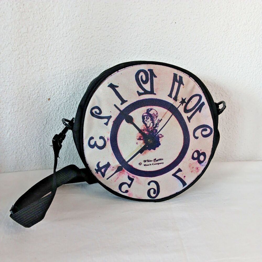 White Rabbit Watch Company Round Clock Print Cross Body Handbag Purse Zipper